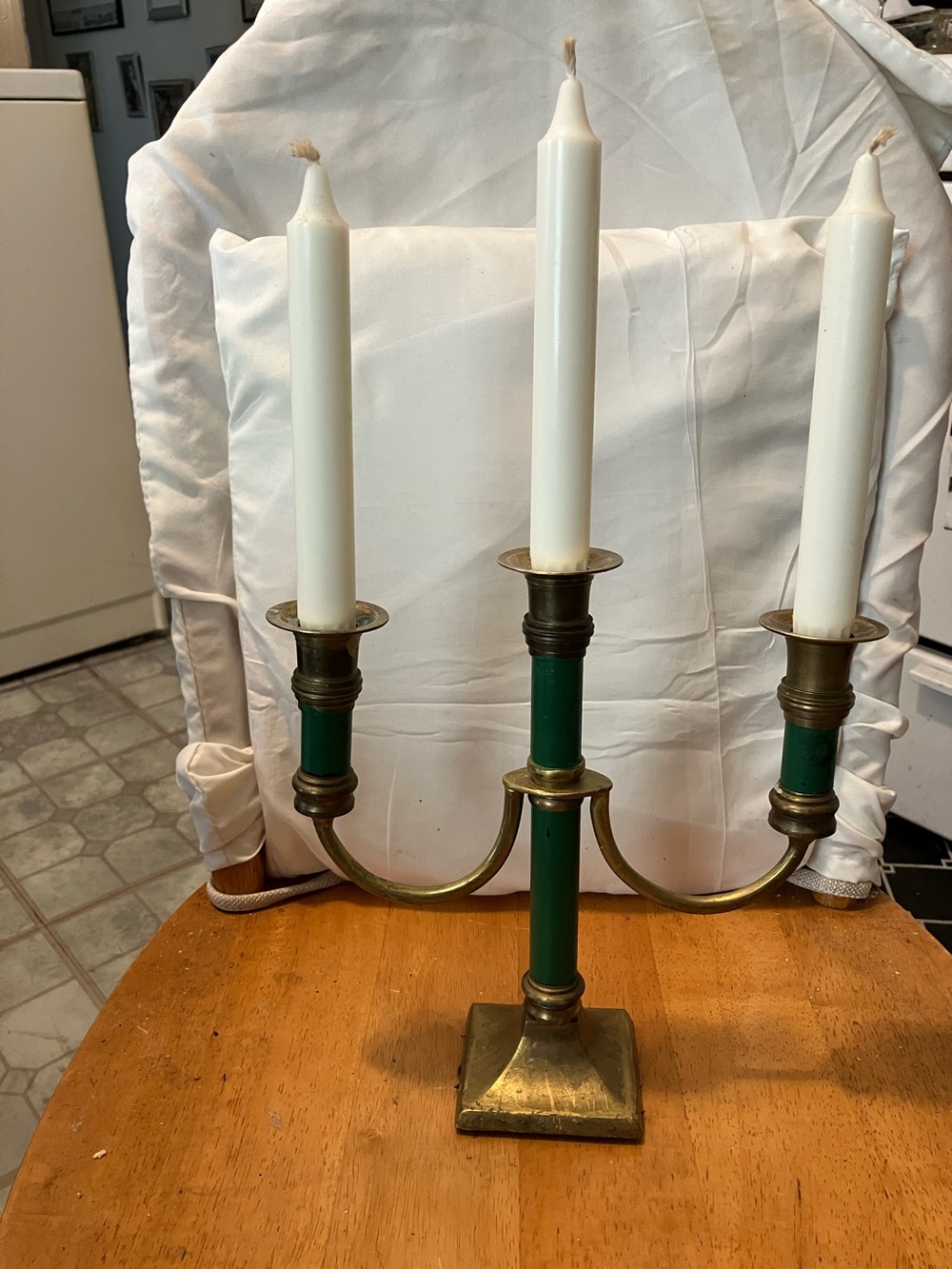 Vintage made in India 3 candle , brass n green painted
